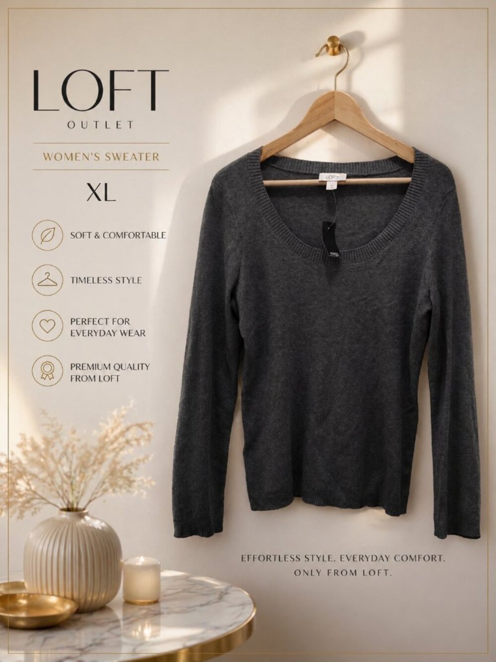 LOFT Charcoal Gray Sweater XL NWT 100% Cotton Lightweight Classic